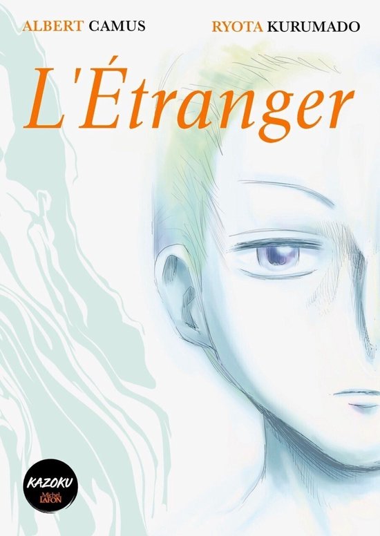 Boekomslag "L'Étranger" met de titel in oranje letters en een schets van een gezicht.