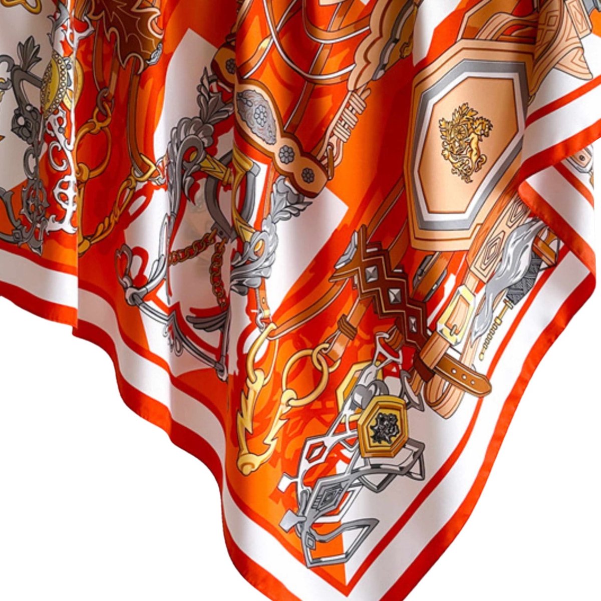 Kamea Zijdeachtige Dames Sjaal 90x90cm - Oranje/Wit Kettingmotief