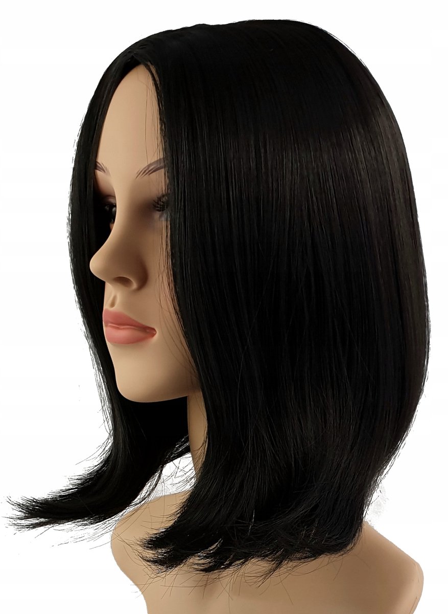 Zwarte Bob Pruik - 40cm Synthetisch Cosplay Haar + Pruikmuts