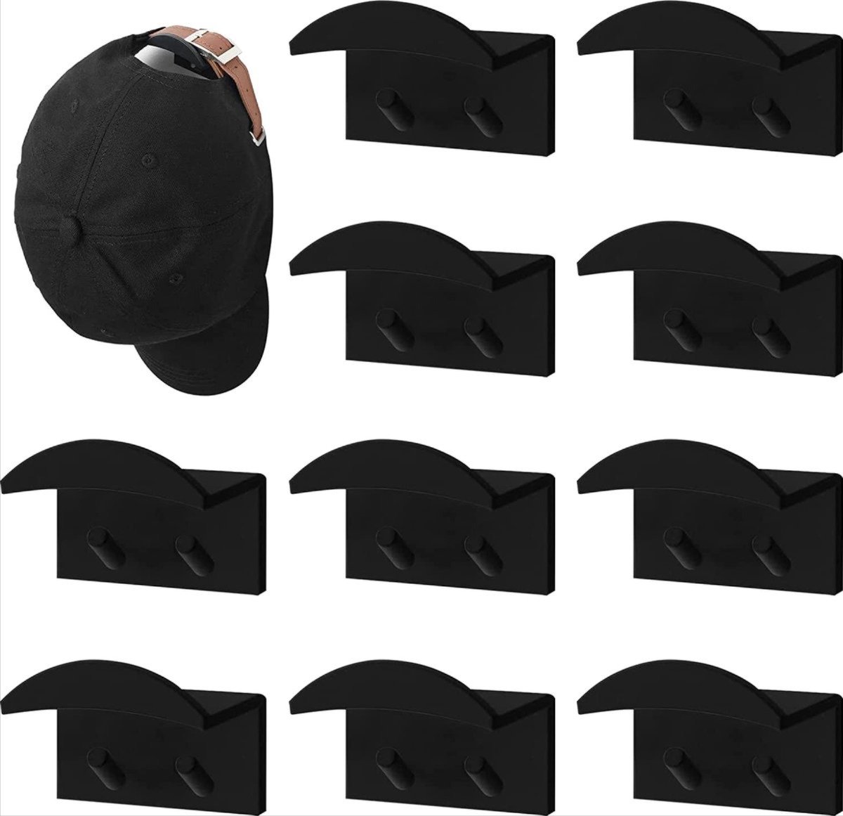 Jumada's - Cap-Rack - 10 stuks - Hoedenrek voor Muur - Hoedhanger - Caphanger - Zelfklevende Hoedhaken - Baseball-Cap Opslag - Honkbal-Cap Houder - Minimalistische Hoed-Rack - Opknoping Hoed Sjaal - voor Muur Deur - Zwart