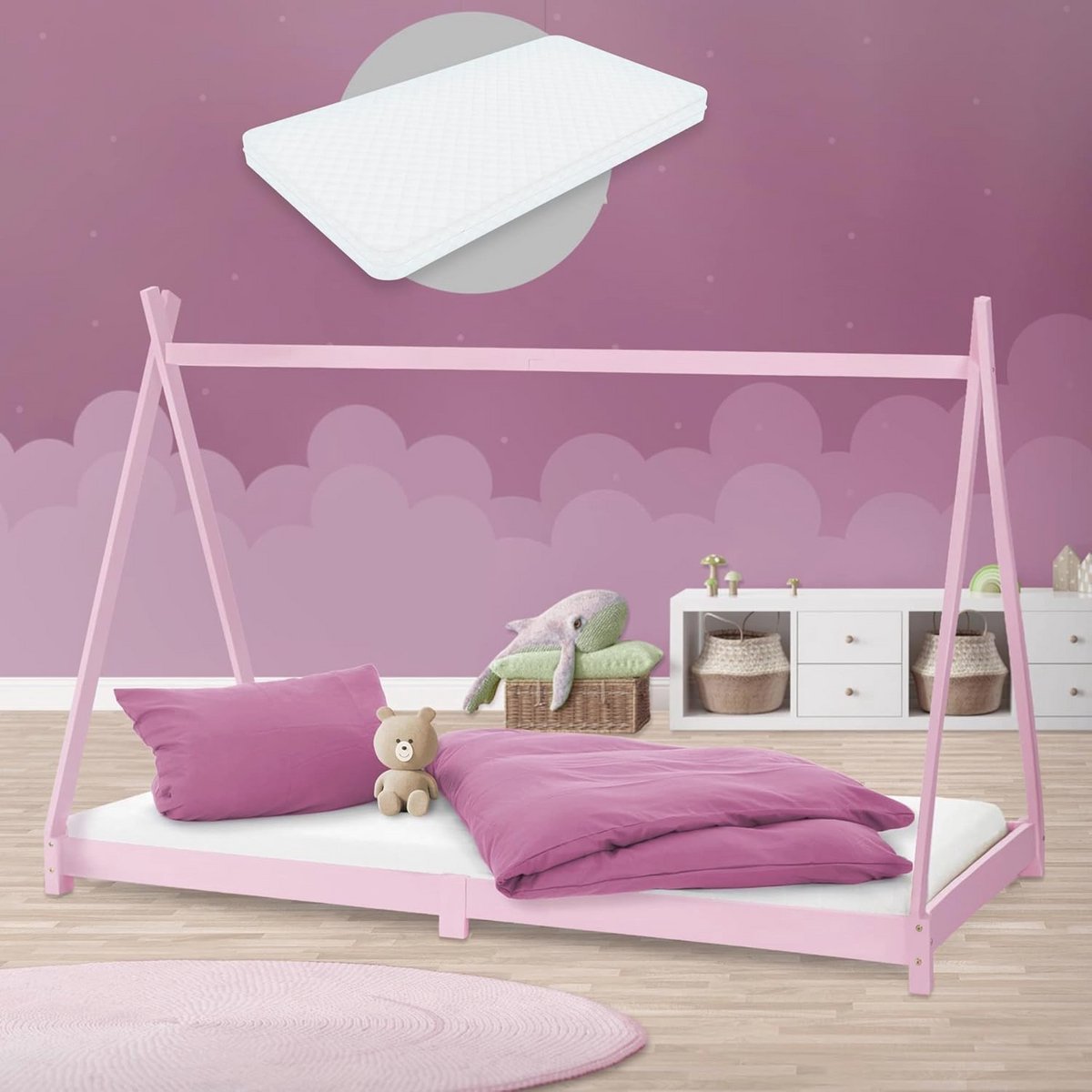Kinderbed tipi 90x200 cm roze met matras en lattenbodem - Houten bed voor jongens en meisjes
