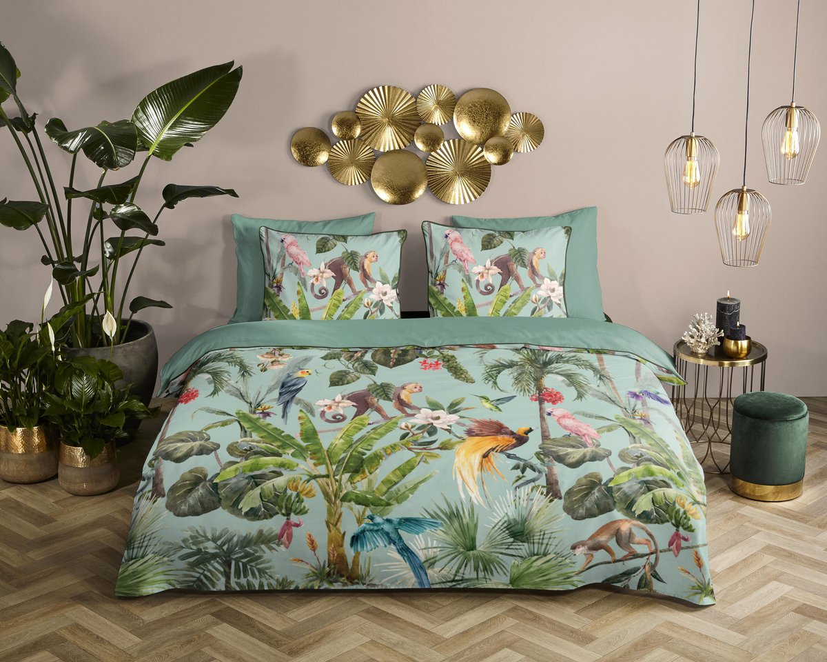 Descanso dekbedovertrek dieren in de jungle - 2 persoons 200x200/220 cm - Groen - 100% Katoen satijn