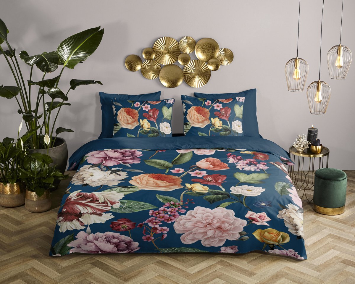 Descanso dekbedovertrek bloemen - Lits jumeaux 240x200/220 cm - Blauw - 100% Katoen satijn