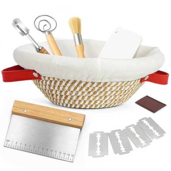Bangosa Rijsmand met Deegschraper set – Rijsmandje Broodbakken – Zuurdesem starter set - Banneton - Deegkleed - Deegmesje - RVS Deegschraper – Deegklopper