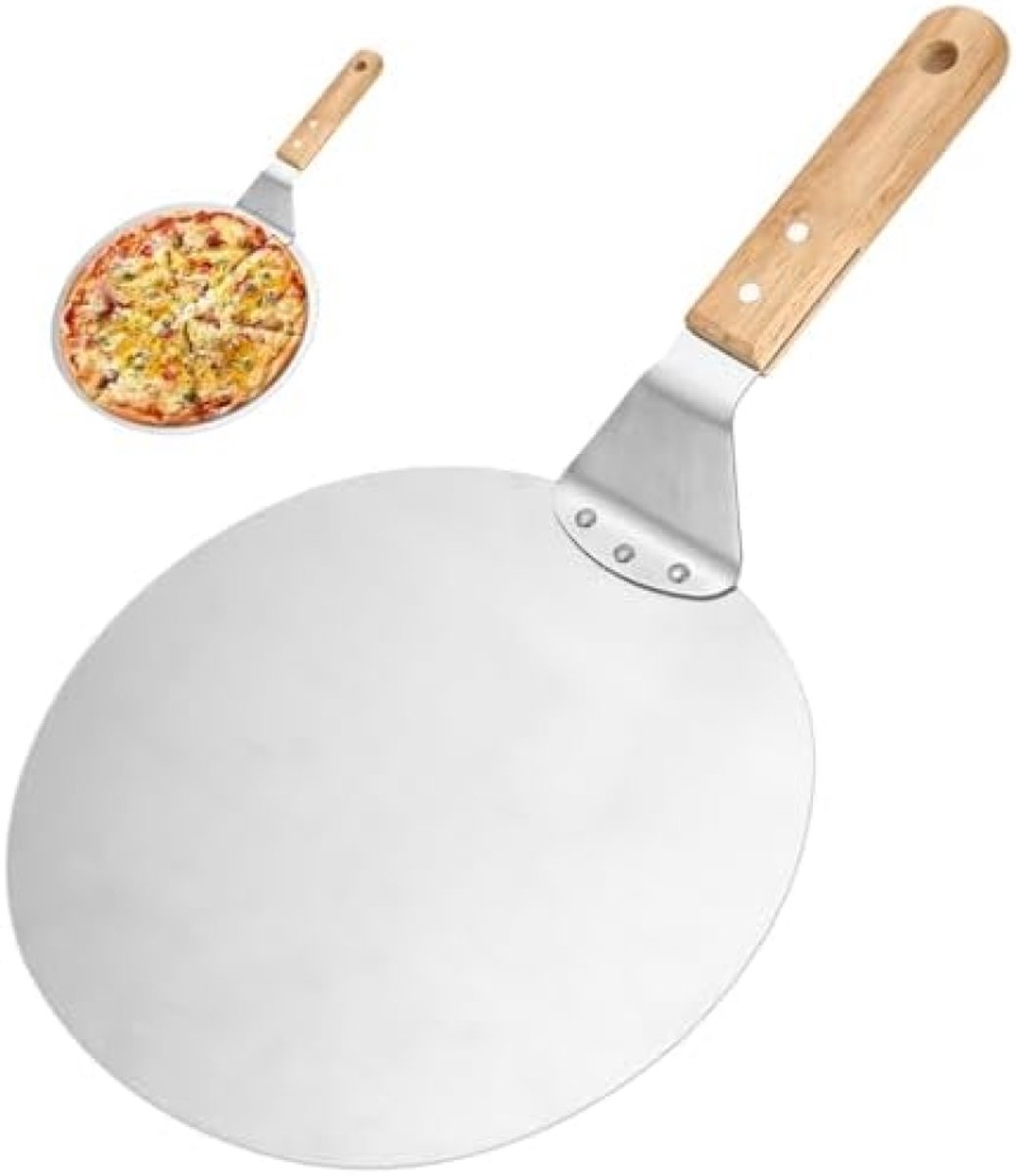 RVS pizzaschep – 10 inch rond, houten steel, metalen blad, zilver