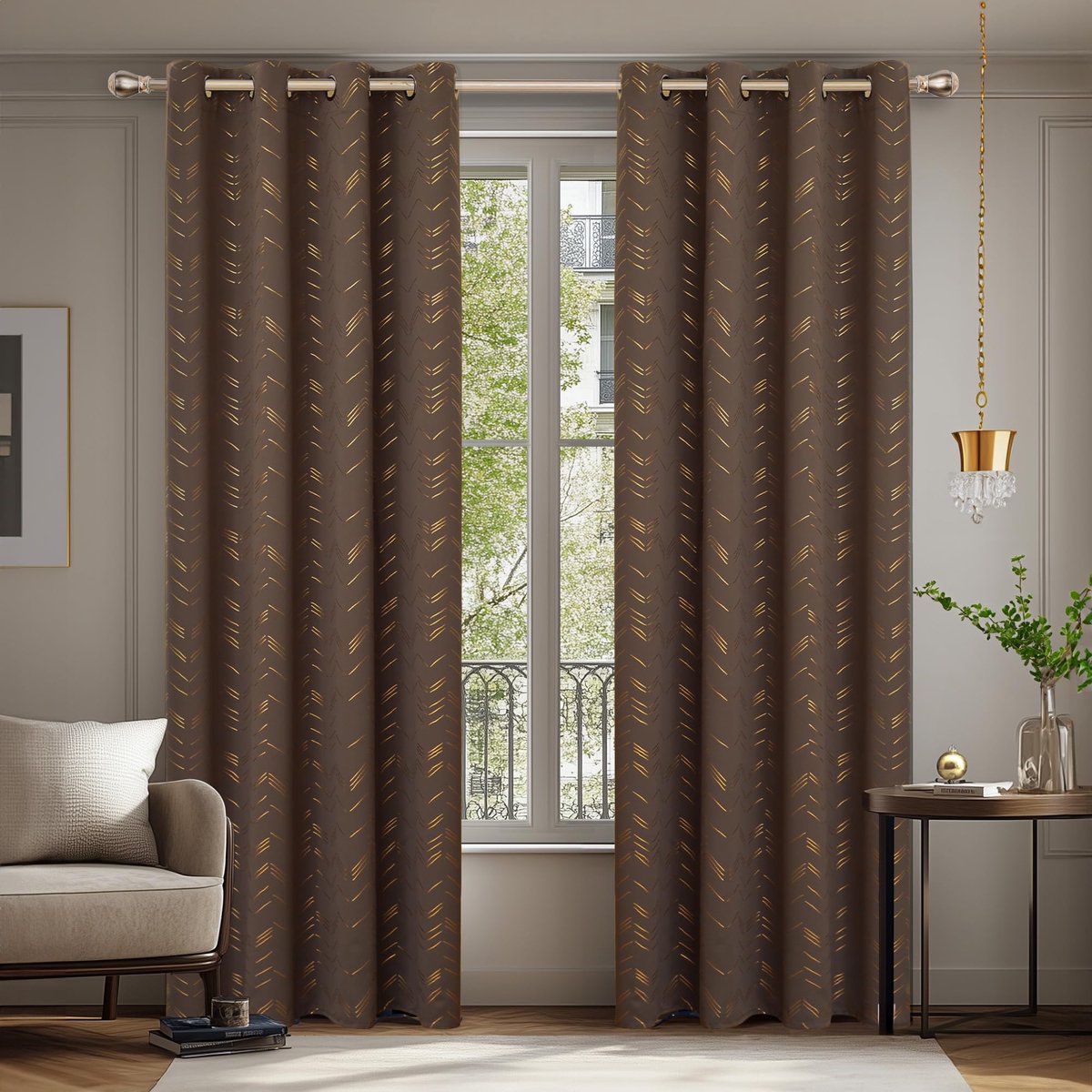 Unyqoos Set van twee elegante thermische verduisteringsgordijnen met modern lijnpatroon bruin