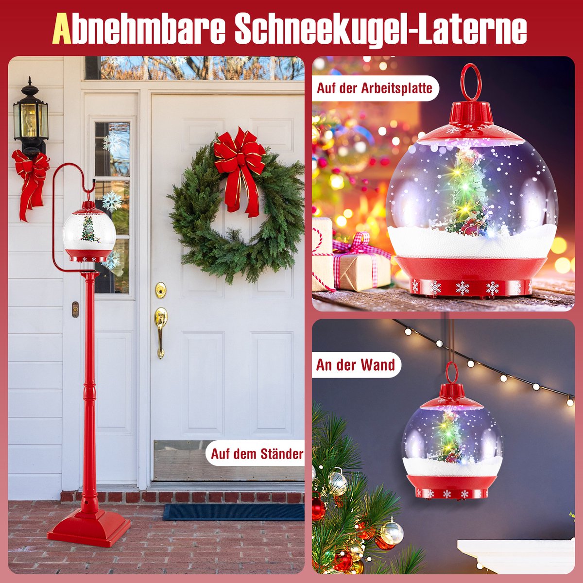 COSTWAY Verlichte kerstlantaarn, 173 cm, rode kerstdecoratie met muziek en geruisgeactiveerde sneeuwbal, kerstdecoratie, kerstverlichting voor thuis, veranda – foto 5