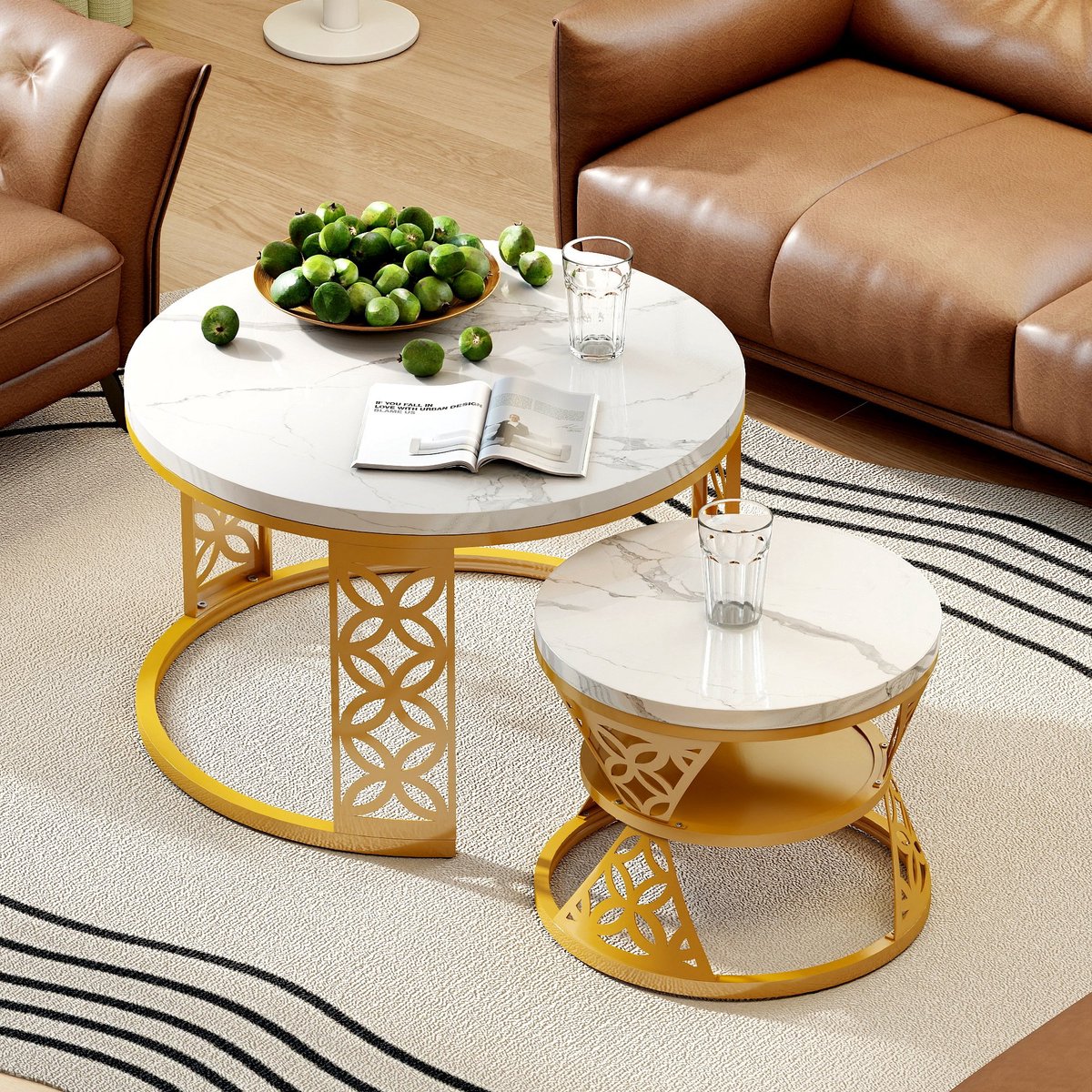 Wishdor Ronde Salontafel Set 2-delig (Ø70 & Ø45 cm) - In Elkaar Schuifbaar - Marmerlook - Goud Metaal