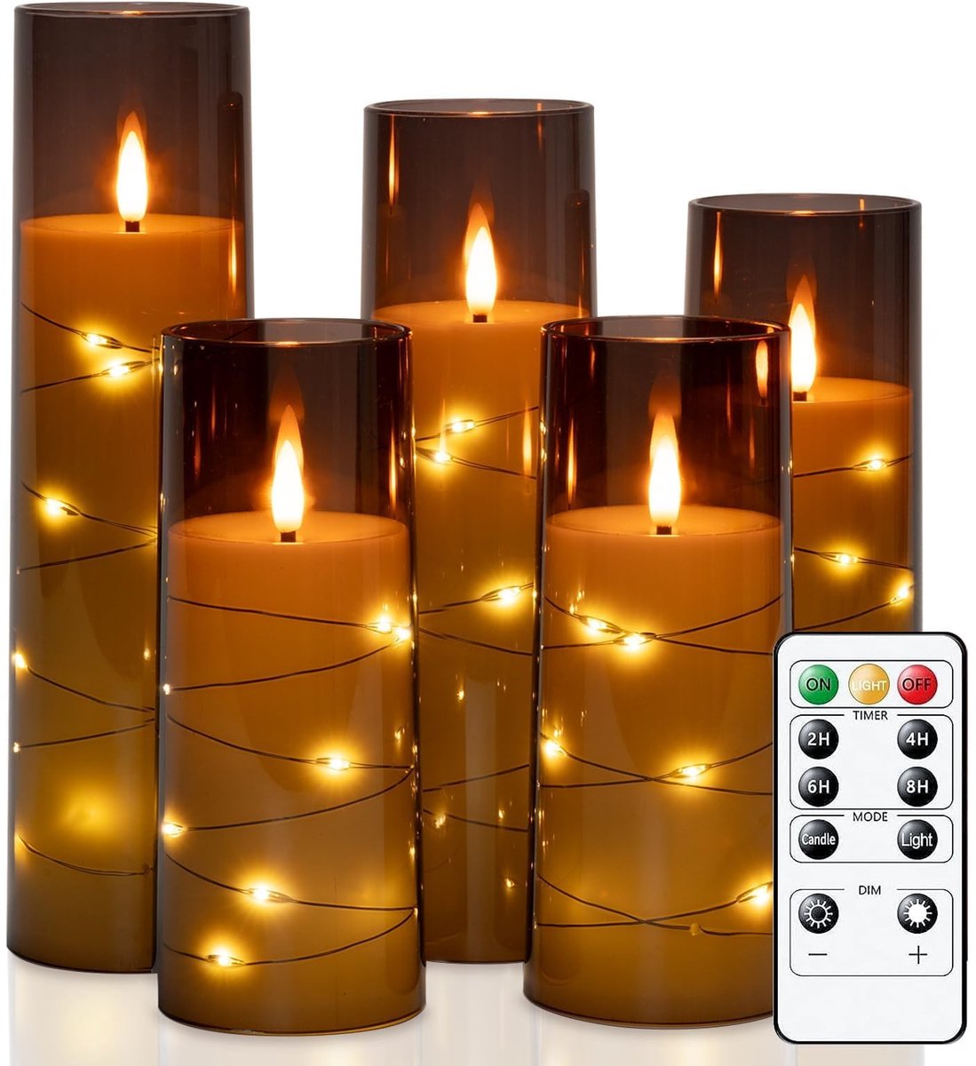 Unyqoos Set van 5 sfeervolle LED-kaarsen met ingebouwde lichtketting en afstandsbediening Bruin