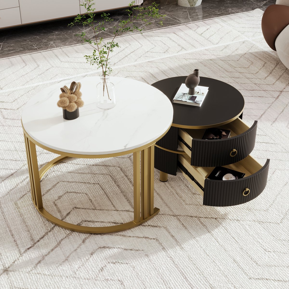 Wishdor Ronde 2-in-1 salontafel MDF met glanzend marmerblad, 2 lades, zwart — ruimtebesparend modern 70×70×46 & 50×50×40 cm