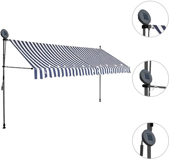 vidaXL - Luifel - handmatig - uitschuifbaar - met - LED - 400 - cm - blauw - en - wit