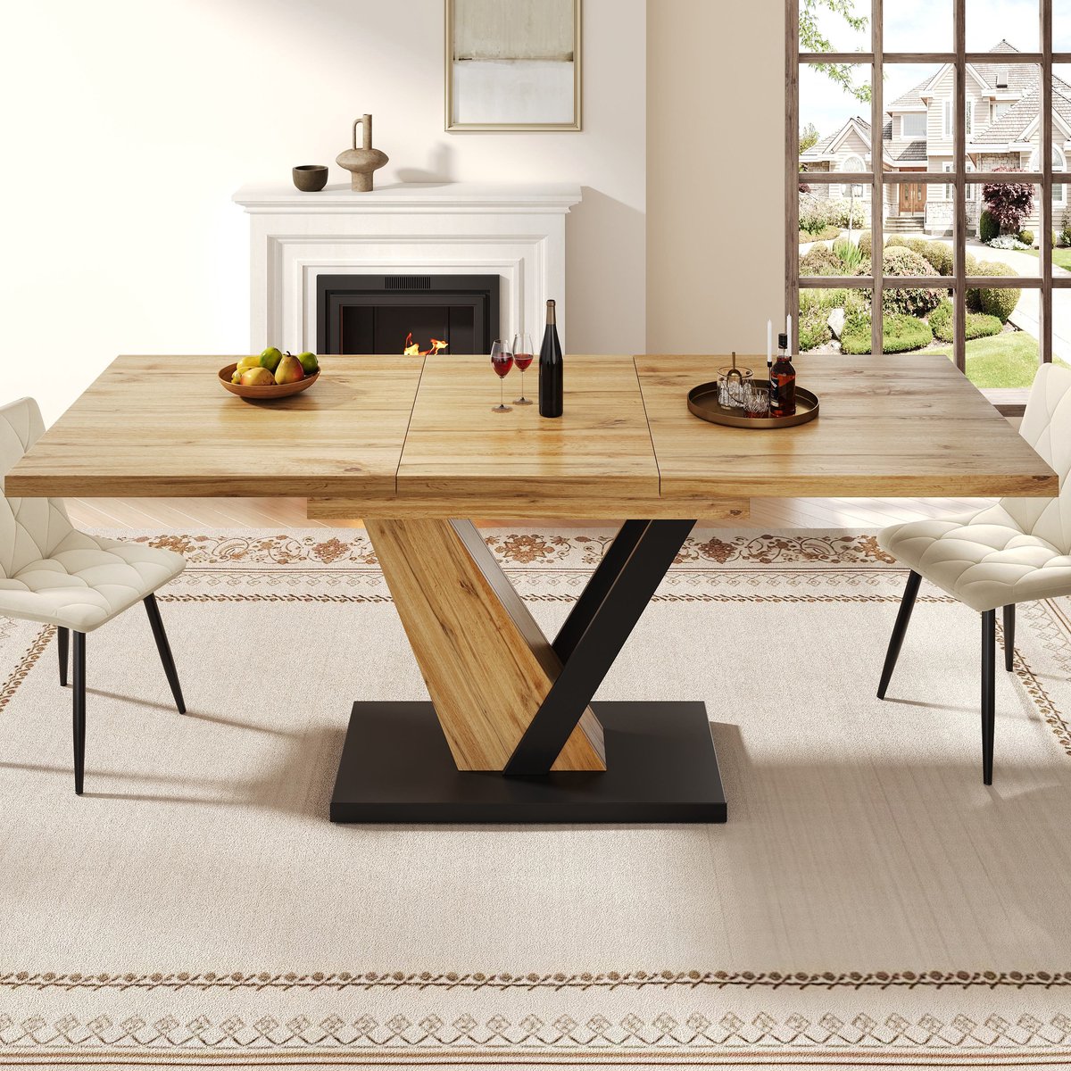 Sweiko Eettafel - Uitschuifbaar 160 cm - Houtnerf tafelblad - Zwart + Natuurlijke