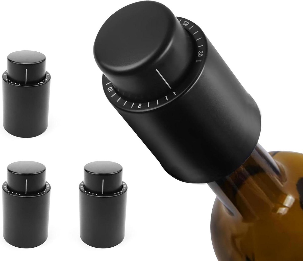 4x Wijnstoppers Vacuüm Champagne Stoppen met Tijdschaal 4.5 x 7 cm Zwart