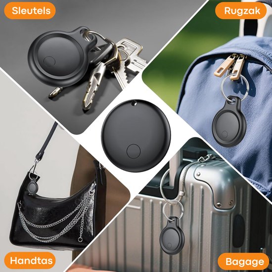 Zwarte Buzzy tracker bevestigd aan sleutels, rugzak, handtas en bagage.