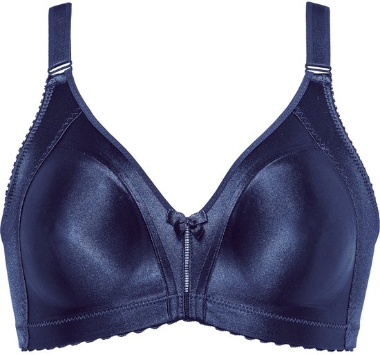 Marineblauwe Naturana minimizer bh met glanzend patroon en strikje op de voorkant.