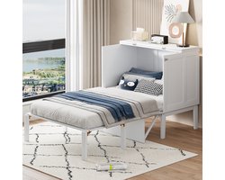 OKWISH Wandbed 90x200 cm - Ruimtebesparend Opklapbed - Verticaal Klapsysteem - Met Opbergruimte - Jongerenkamer - Hout/MDF - Wit - Zonder matras