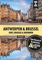 Boek kaft met weerspiegelde architectuur van Antwerpen en Brussel. Titel: Antwerpen & Brussel, Gent, Brugge & Ardennen. Gids inclusief kaarten en insider tips.
