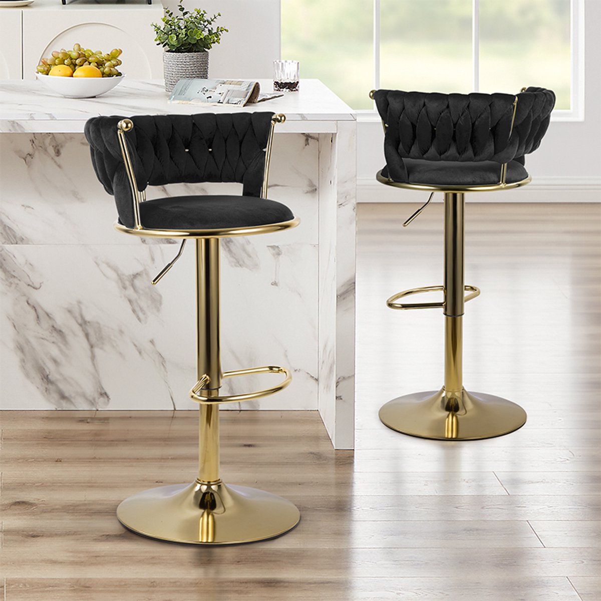 Barstoelen Set van 2, In Hoogte Verstelbaar en Draaibaar, Barstoel met Rugleuning, Fluwelen Zitting, Met Voetensteun, Keuken Barstoelen,Zwart