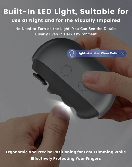 Elektrische nagelknipper met ingebouwd LED-licht dat verlichtingsondersteuning biedt bij het polijsten.
