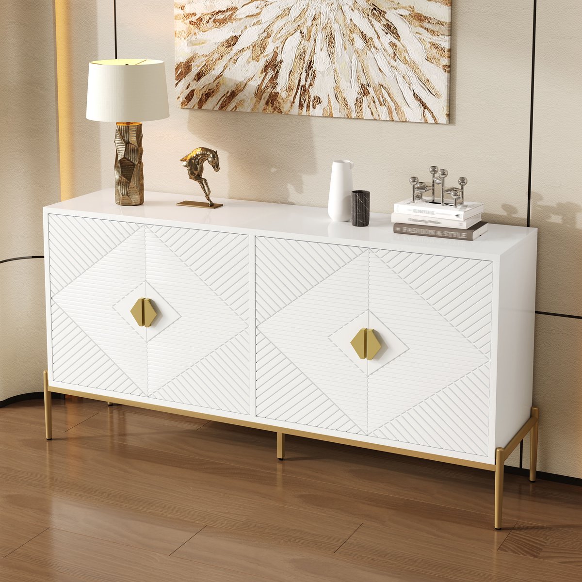 OKWISH Dressoir – Geometrisch Wit 4 Deuren – 162×40×80 cm – Opbergruimte Woonkamer/Eetkamer/Entree – Gouden Handgrepen Metalen Poten – MDF;Spaanplaat