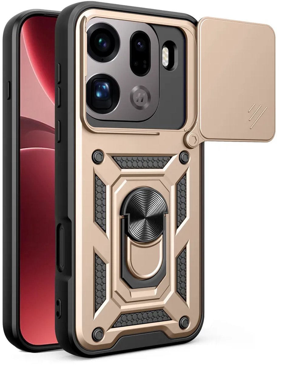 MobyDefend Hoesje - Geschikt voor Oppo Find X9 Pro - Pantsercase Met Draaibare Ring - Goud