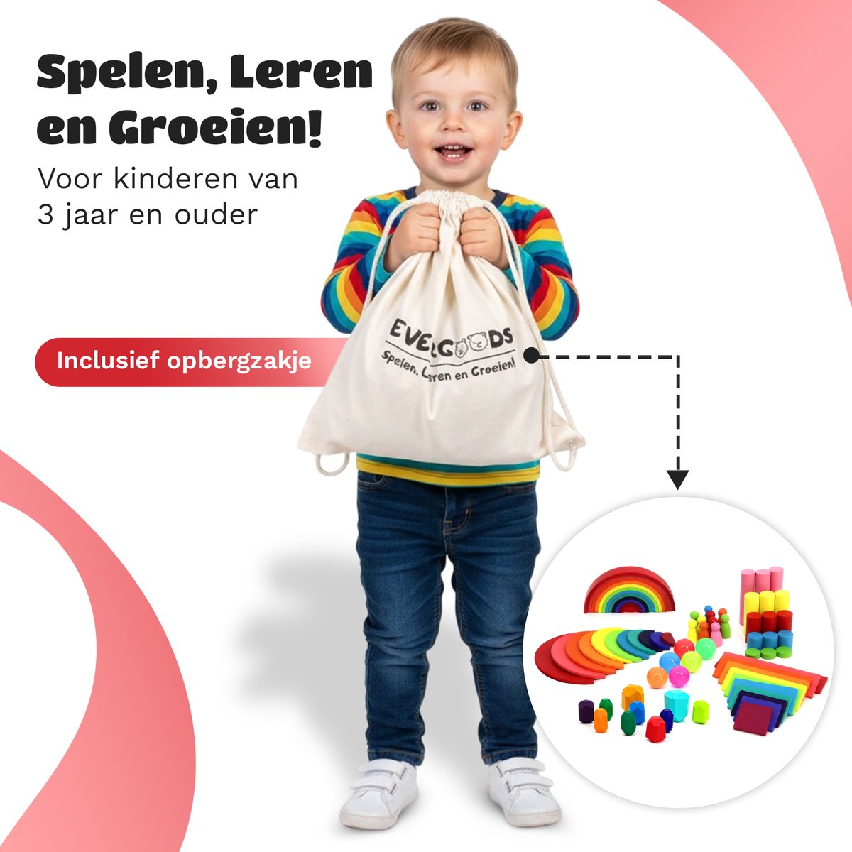 EverGoods XL Regenboog Speelgoed - Montessori Speelgoed- Educatief Speelgoed - Sensorisch Speelgoed - Houten Blokken - Stapelstenen - Incl. Opbergzakje — afbeelding 8
