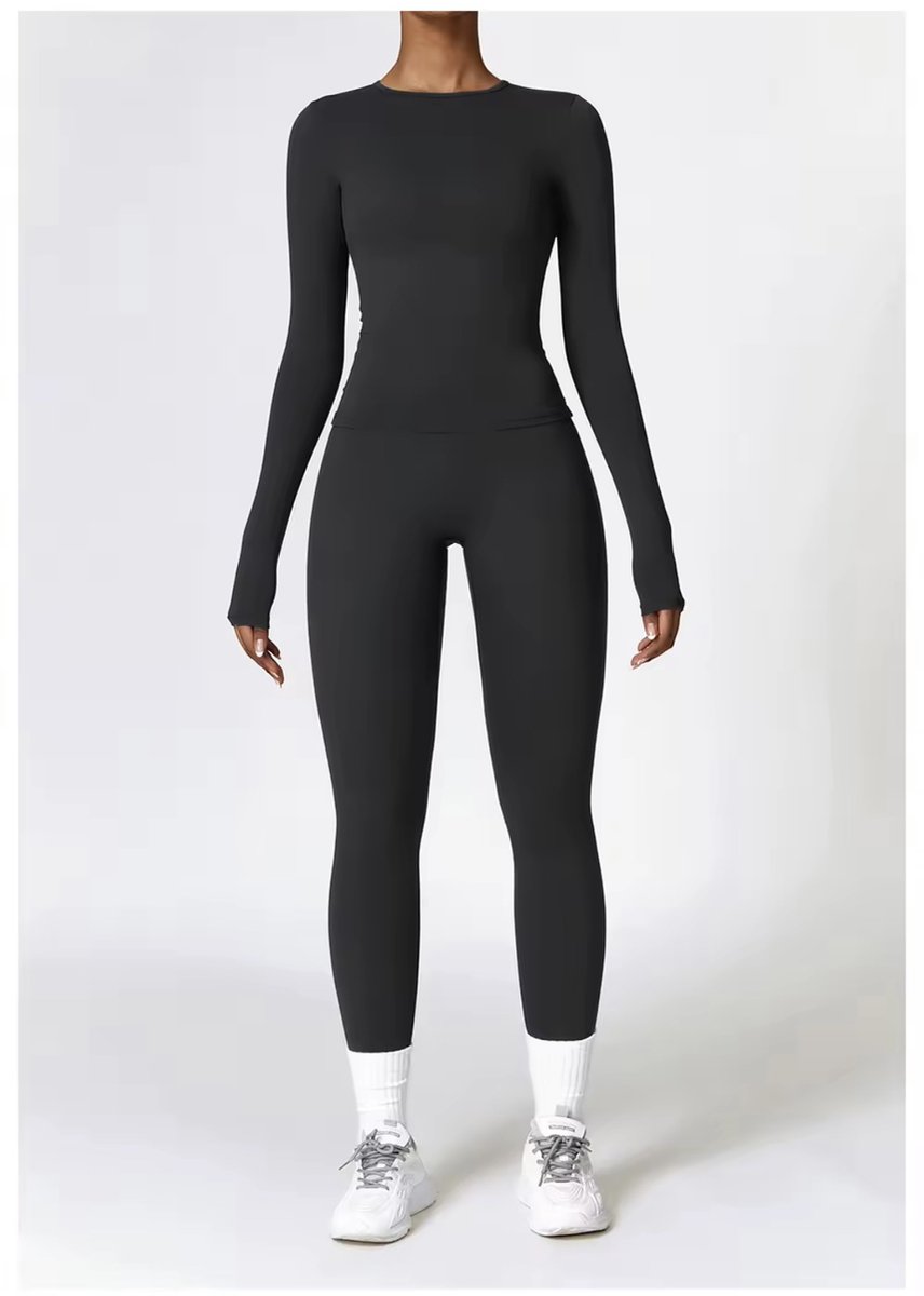 Elemental Gym Set - Maat S - Zwart - Long - 2-delige set: Long Sleeve top + Highwaisted Legging - Black - Seamless Sportset Dames