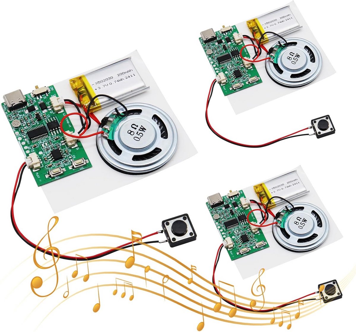 Set van 3 USB Type-C MP3 Geluidsmodule met Oplaadbare Batterij voor Kaarten en Cadeaus