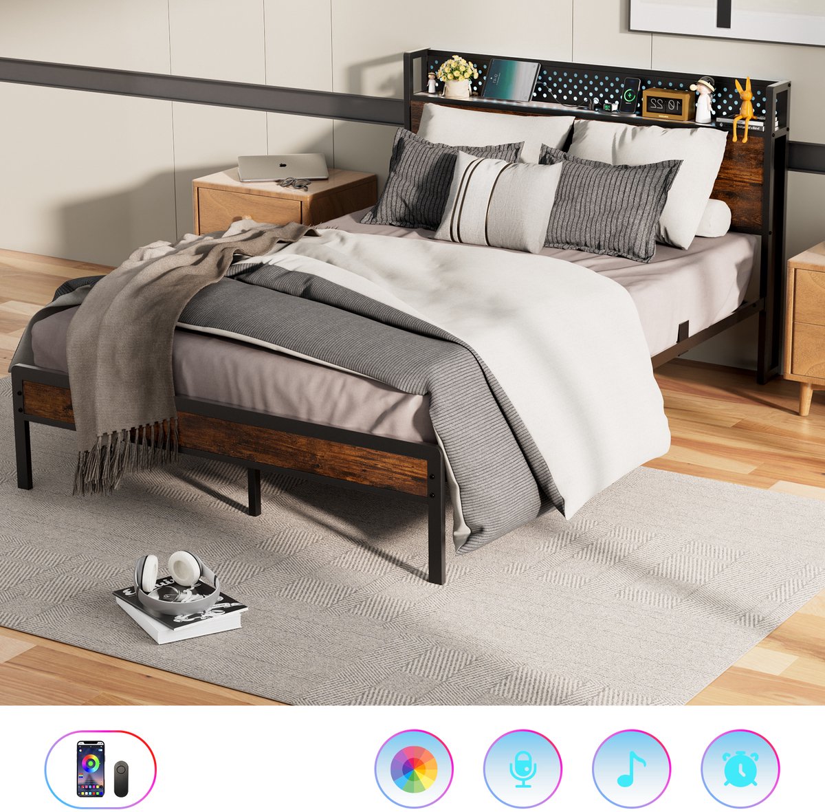KUTAS Tweepersoonsbed 140x190 cm - Stevig Metalen Bedframe - Volwassenbed met LED Verlichting - Stopcontacten, USB & Type-C Poorten - Hoofdbord met Opbergruimte - Modern & Duurzaam Design Zwart