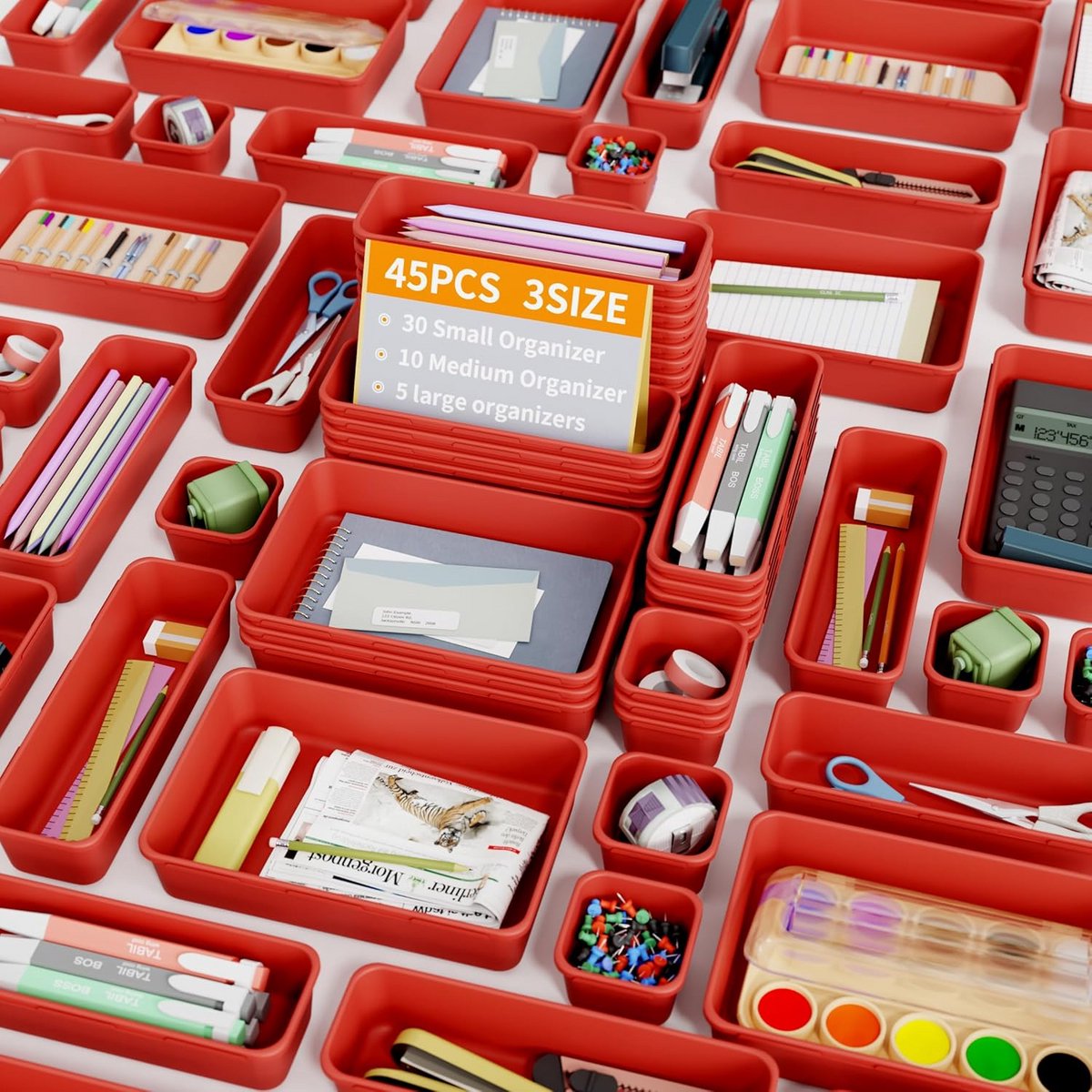 45 Stuks Lade Organizer Set in Rood voor Keuken en Kantoor