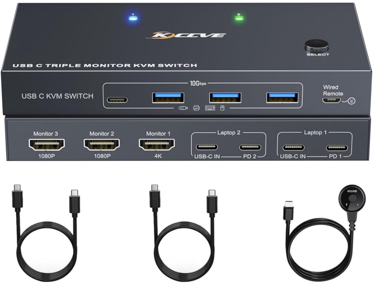 KVM Switch USB-C 2 Laptops 3 Monitoren 4K, Dockingstation met 80W PD Opladen en USB 3.2