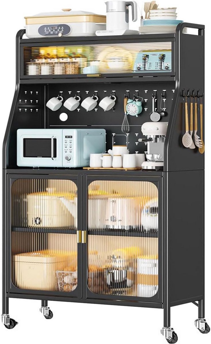Ruime Buffetkast met Wielen - Hoge Voorraadkast voor Keuken of Woonkamer - Zwart 86 cm Breed