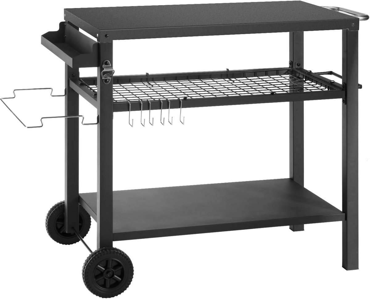 Multifunctionele Keukenwagen met 3 Planken - Verrijdbare Buiten Tafel voor BBQ of Pizzaoven