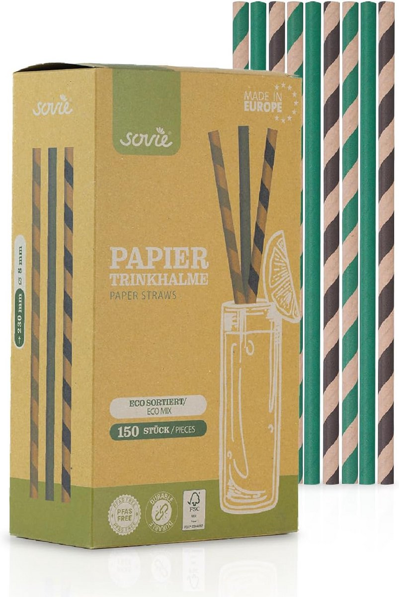 Set van 150 Gekleurde Papieren Rietjes in Strepen - Biologisch Afbreekbaar