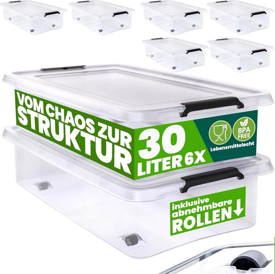 Opbergdoos uit sterke witte transparante kunststof buitenft 710 x 440 x 310 mm binnenft 605 x 370 x 280 mm (b x d x h) deksel afsluitbaar met 2 clips waardoor de