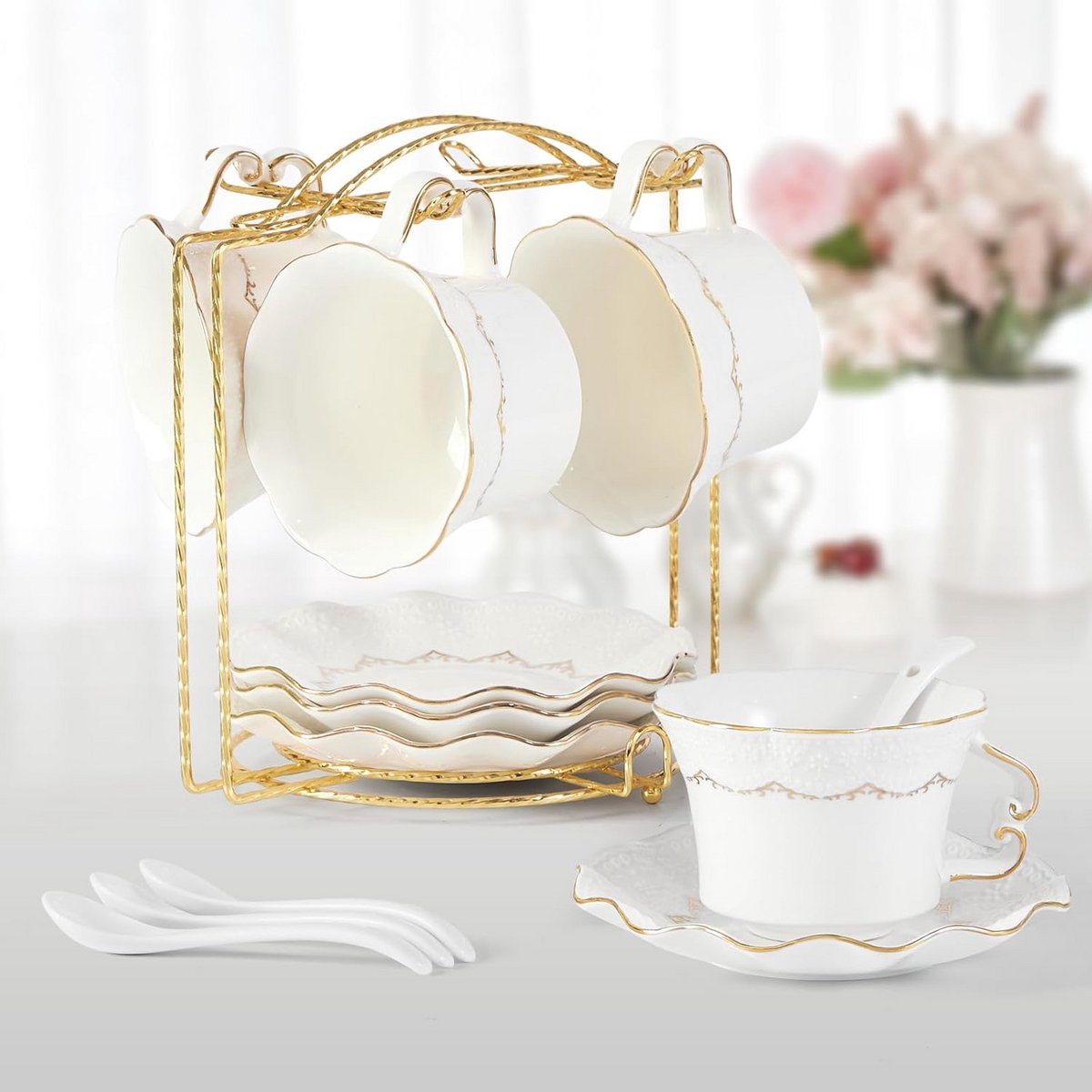 Theeservies Set 4 Personen Wit met Gouden Rand en Standaard - Porselein