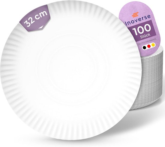 Inoverse 200 stuks kartonnen borden, wit, wegwerpborden, rond 30 cm, milieuvriendelijk feestservies, wegwerpborden, taartborden, wegwerpborden van karton, papieren borden