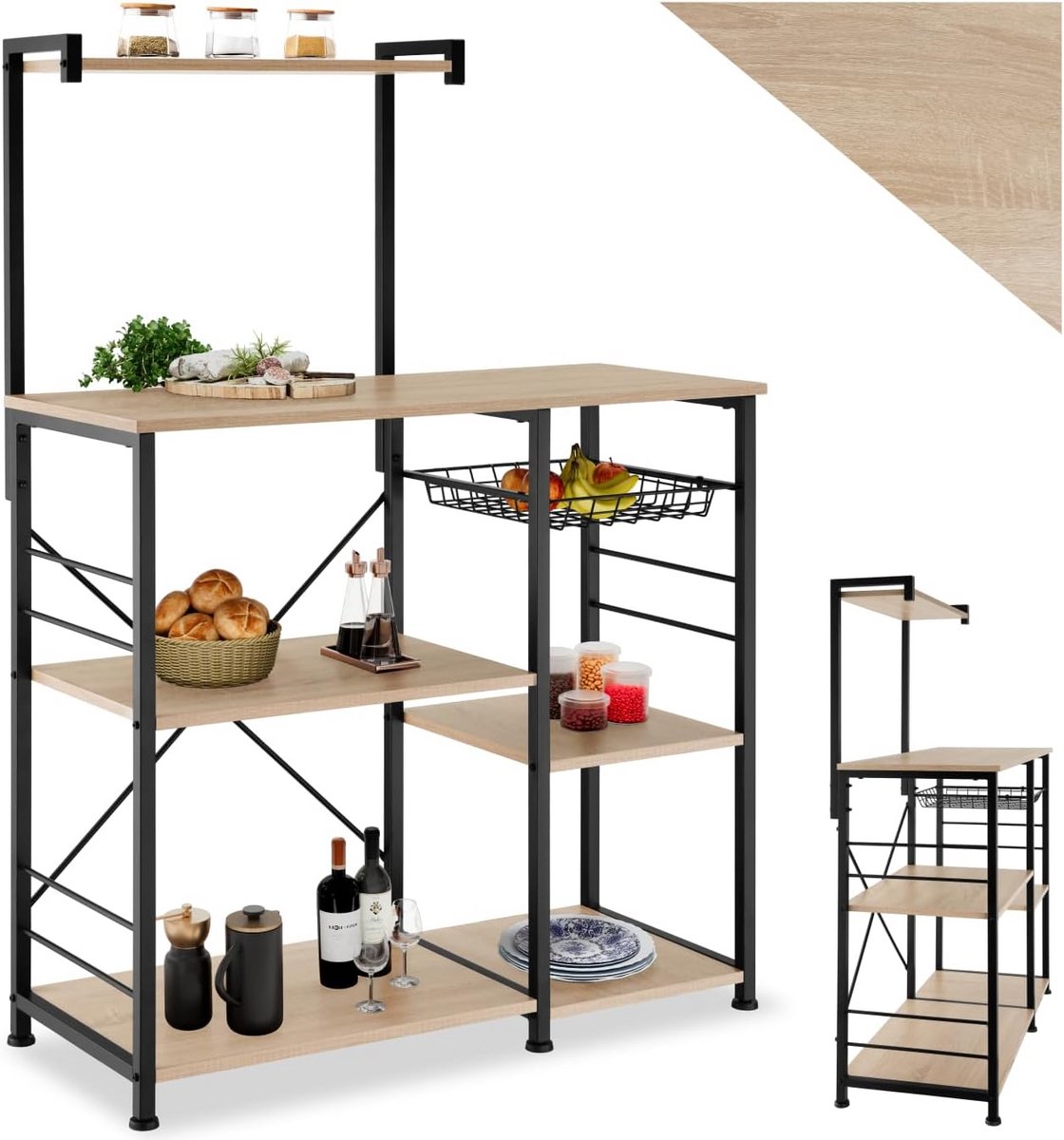 Keukenrek in Industriële Stijl met Plank, Mand en Bovenste Plank - Lichtbruin