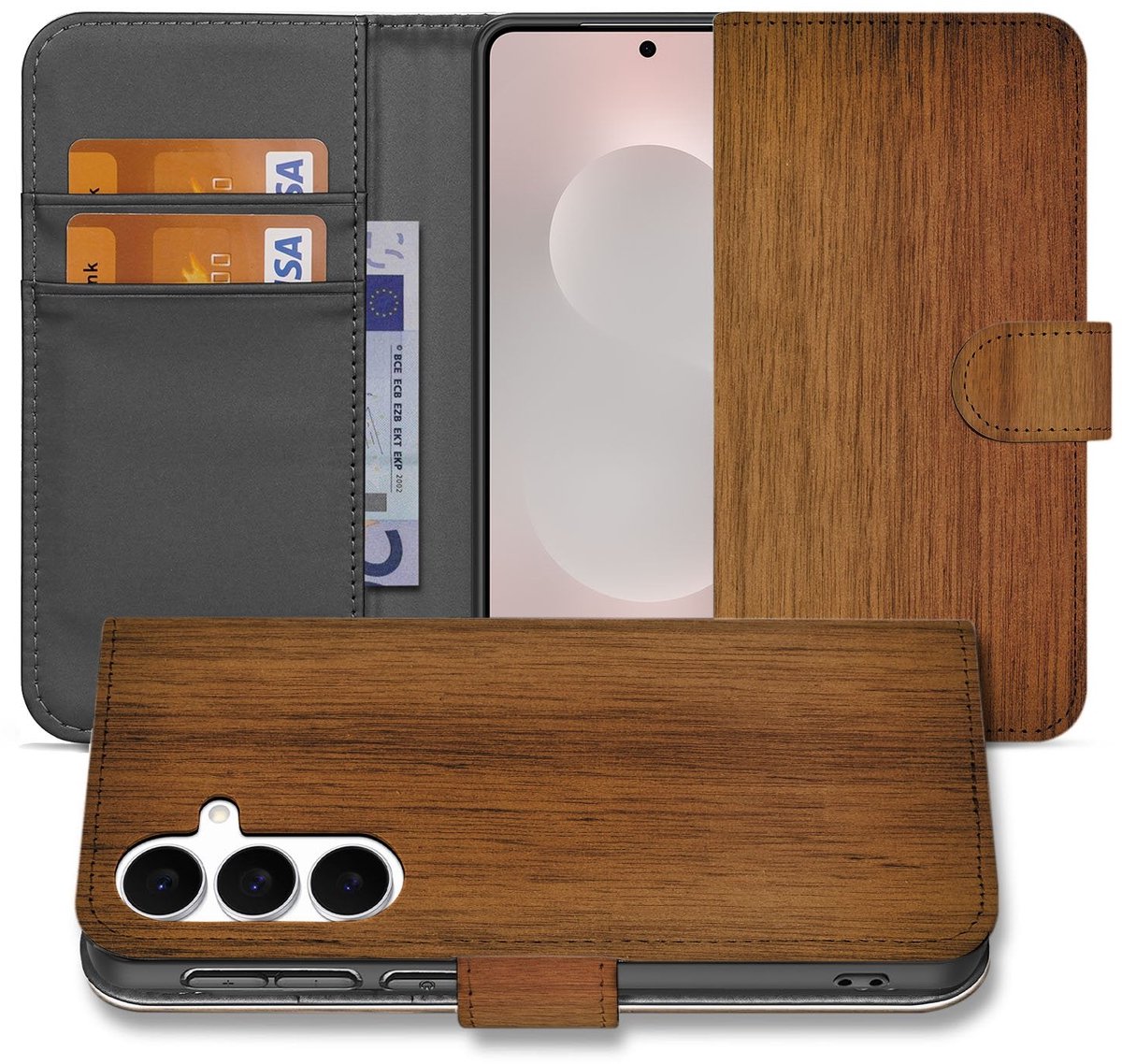 Samsung Galaxy S25 FE Book Case Donker Hout Met Pasjeshouder
