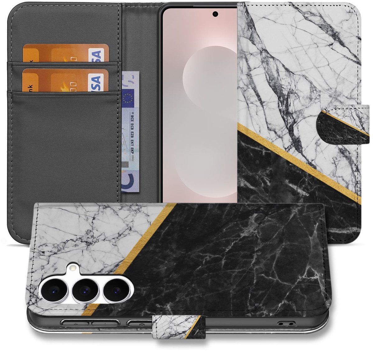 Samsung Galaxy S25 FE Bookcase Marmer Wit Zwart Gouden Lijn