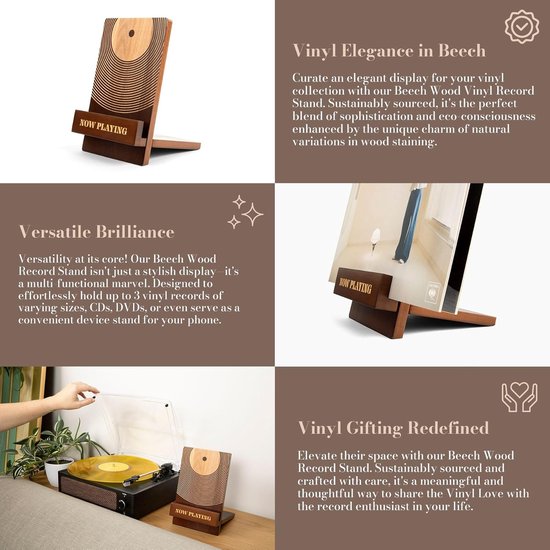 Collage van een houten vinylstandaard, een vinylhoes op standaard en een platenspeler.