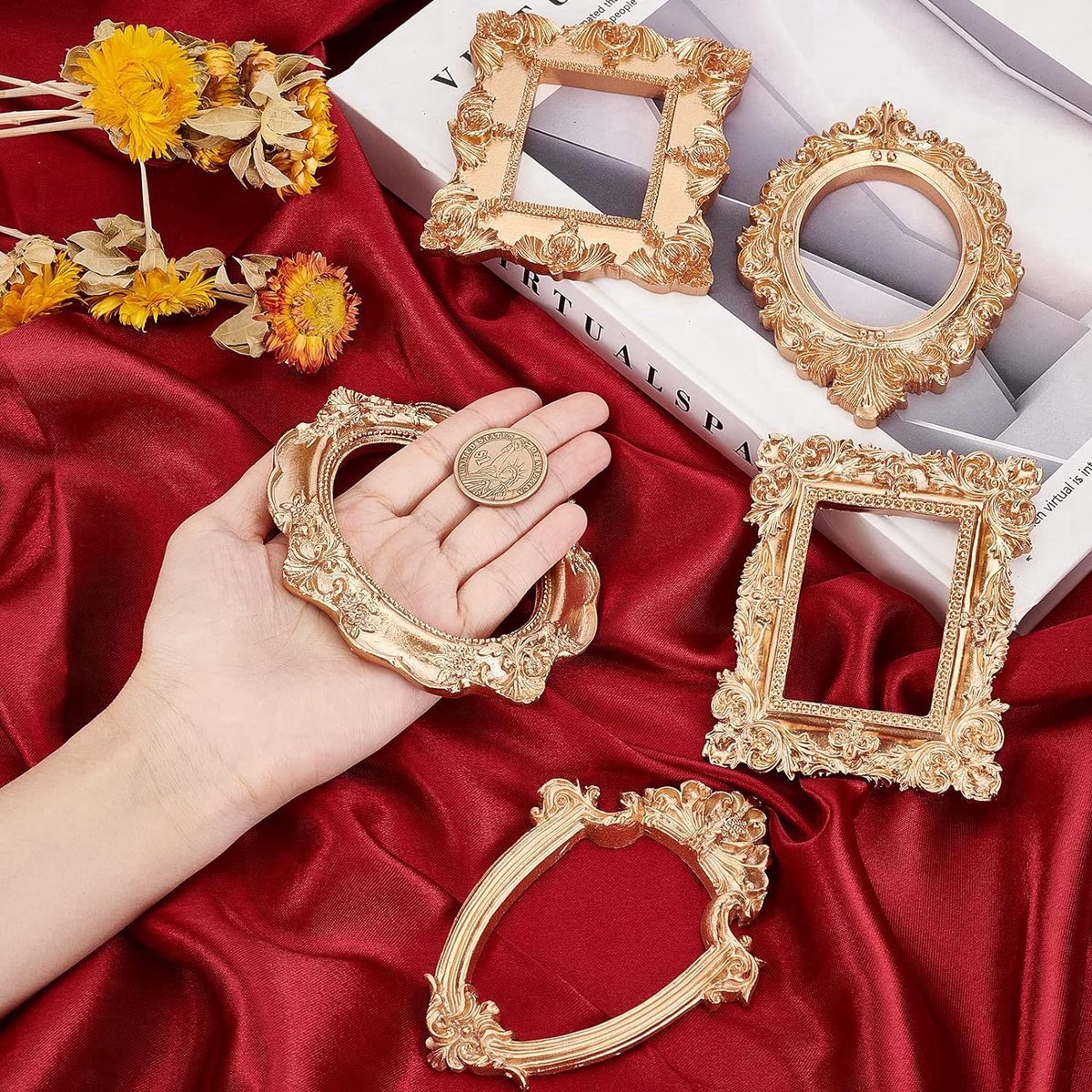 Stunq® Set van 5 vintage harsfotolijsten (5 verschillende vormen en maten) Gouden Bloem Ovale Rechthoekige Frame Retro Decoratieve Desktop Fotolijst voor Thuis Kerst Kamerdecoratie