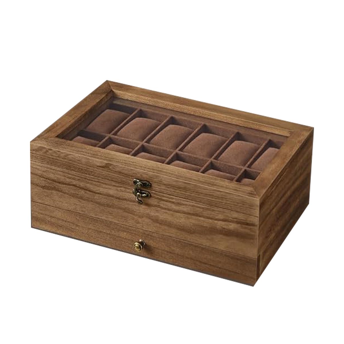12-vaks dubbele houten horlogebox 19×34×12,5 cm, houtkleur naturel, groot glazen deksel + fluwelen voering, multifunctionele opbergruimte voor horloges en sieraden, geschikt voor horlogeverzameling en presentatie.
