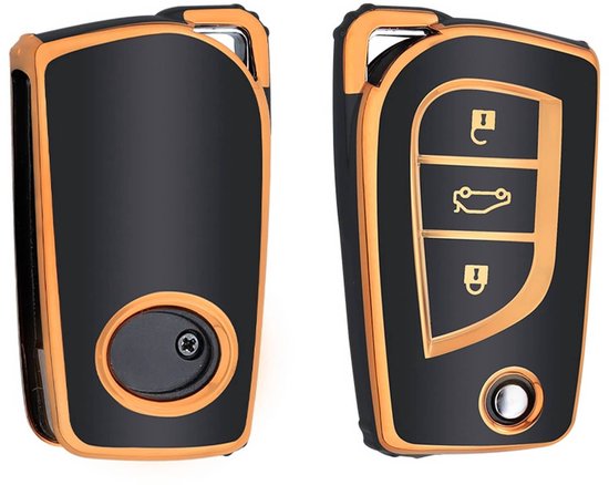 Zwart en goudkleurig autosleutel hoesje met 3 knoppen en een metalen clip.