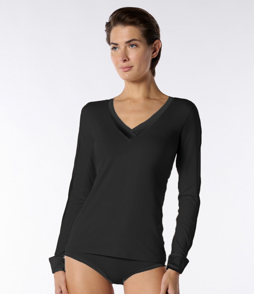Oroblu Dames Perfect Line Cotton - T-shirt V-neck Long Sleeve Black S