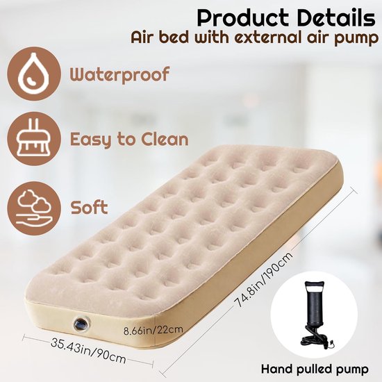 Opblaasbaar Matras 1-persoons - Fiber-Tech Ondersteuning - 21 cm Hoogte - 300 lbs Draagvermogen - Met Oploskussen - Voor Camping en Gasten - Waterdicht PVC Materiaal van Merkloos — afbeelding 2