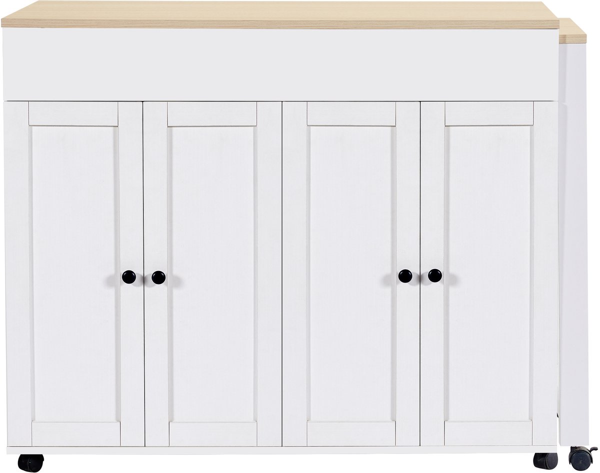 in& out door furniture Moderne uitschuifbare barkast (118-180×50×94cm), uitschuifbare eettafel met opbergruimte, met zes opbergvlakken Bistrotafel/sta-tafel, voor eetkamer, te gebruiken als woonkamerafscheiding, wit
