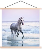 Posterhanger incl. Poster 60x60 cm - Schoolplaat - Paard - Schimmel - Strand - Textielposter - Blanke latten