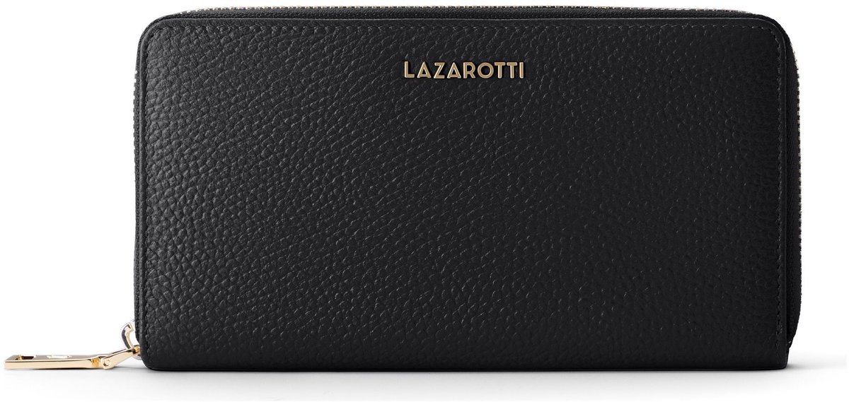 Lazarotti Leren Portemonnee Bologna Leather Zip Around Wallet With 16 Card Slots Black Zwart