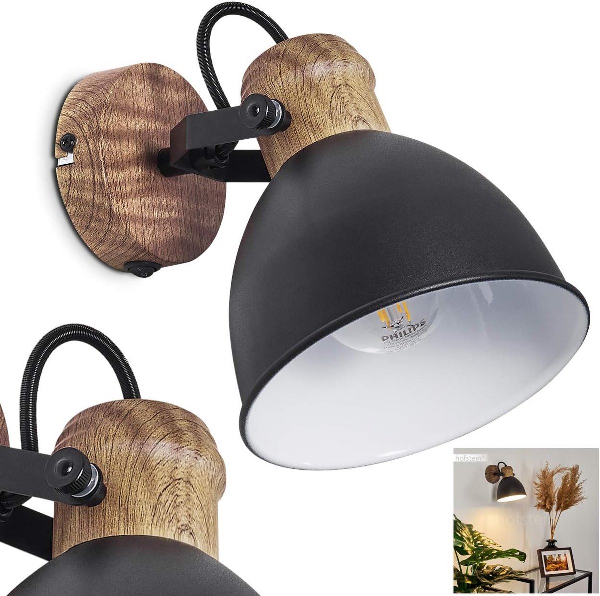 Industriële Vintage Wandlamp in Zwart/Wood Look - Verstelbare Wandverlichting voor Binnen